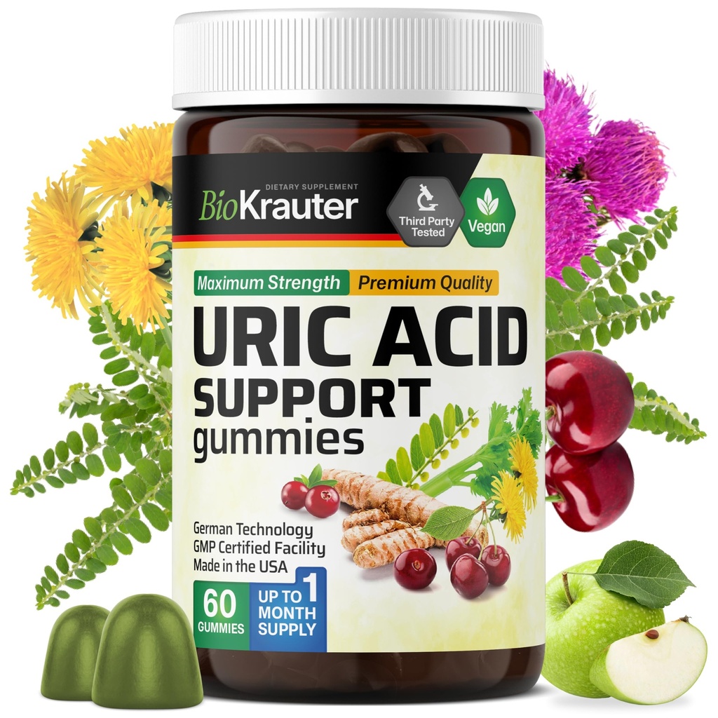 BIO KRAUTER Uric Acid Support Gummi - 60 Vegan Chews - Uric Acid Support w/Tart Cherry & Chanca Piedra 4:1 Extrakte - Natural Kidney Supplement w/Milk Thistle and Turmeric