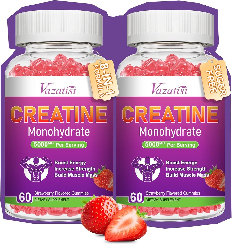 2 Pack Creatine Monohydrate Gummis für Damen und Herren, Sugar Free Vegan Creatine Ergänzung für Muskeln zu bauen, Energie und Stärke zu erhöhen, natürliche Erdbeeren Geschmack, 120 Zähler