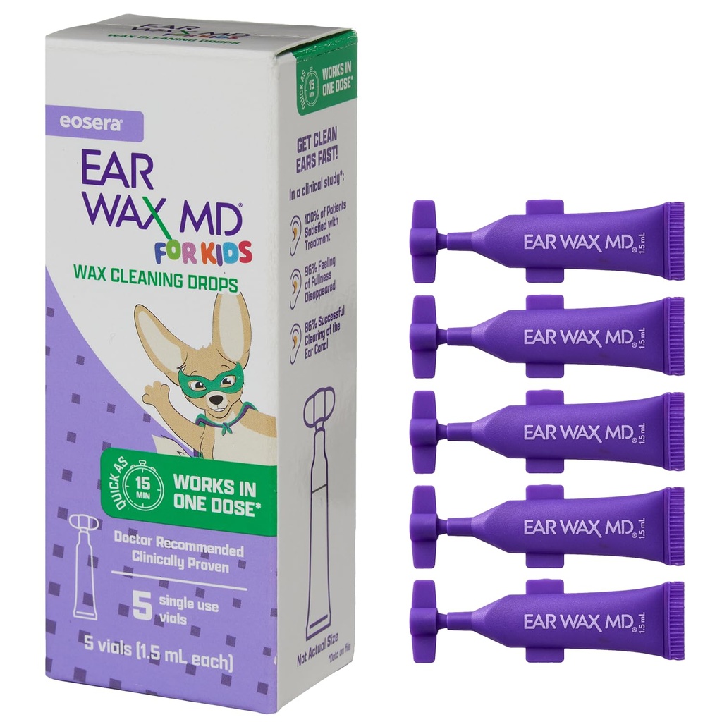 eosera® Wax d'oreille MD® pour les enfants - gouttes nettoyantes de cire d'oreille, flacons de 5pk (à action rapide) Breaks Down & Dissolves Wax d'oreille aussi peu que 1 traitement