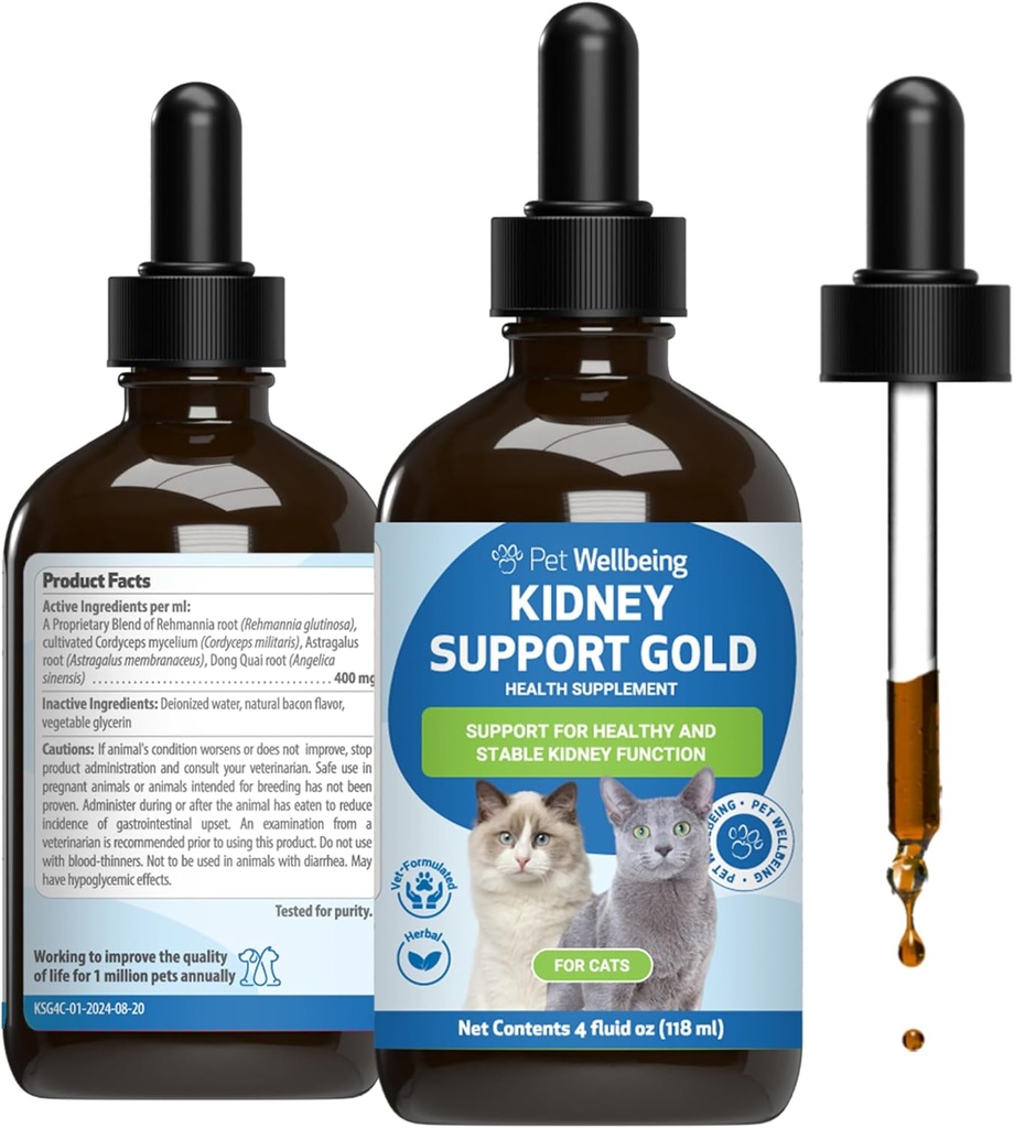 Pet Wellbeing Kidney Support Gold für Katzen - Unterstützt gesunde Nierenfunktion, Fluid Balance, Energie Levels, Rehmannia, Dong Quai - Veterinarian-Formulierte Kräuterergänzung 4 oz (118 ml)