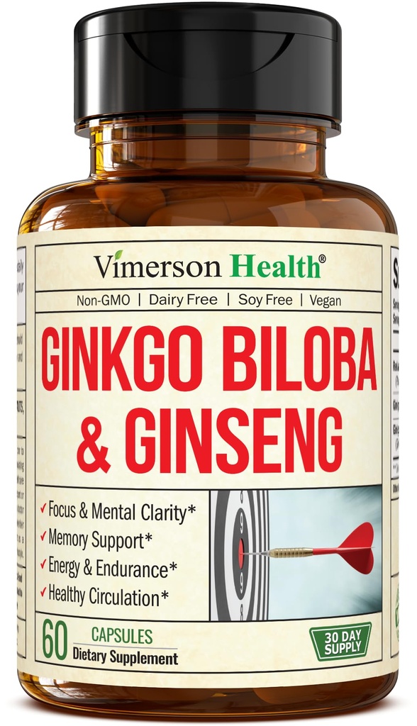 Asiatische Ginseng und Ginkgo Biloba Ergänzungen – Panax Ginseng Extract 700mg + Ginko Biloba 720mg – Nootropic Brain Supplement für Speicher, Fokus & Sustained Energy – 60 Easy-to-Swallow Kapseln