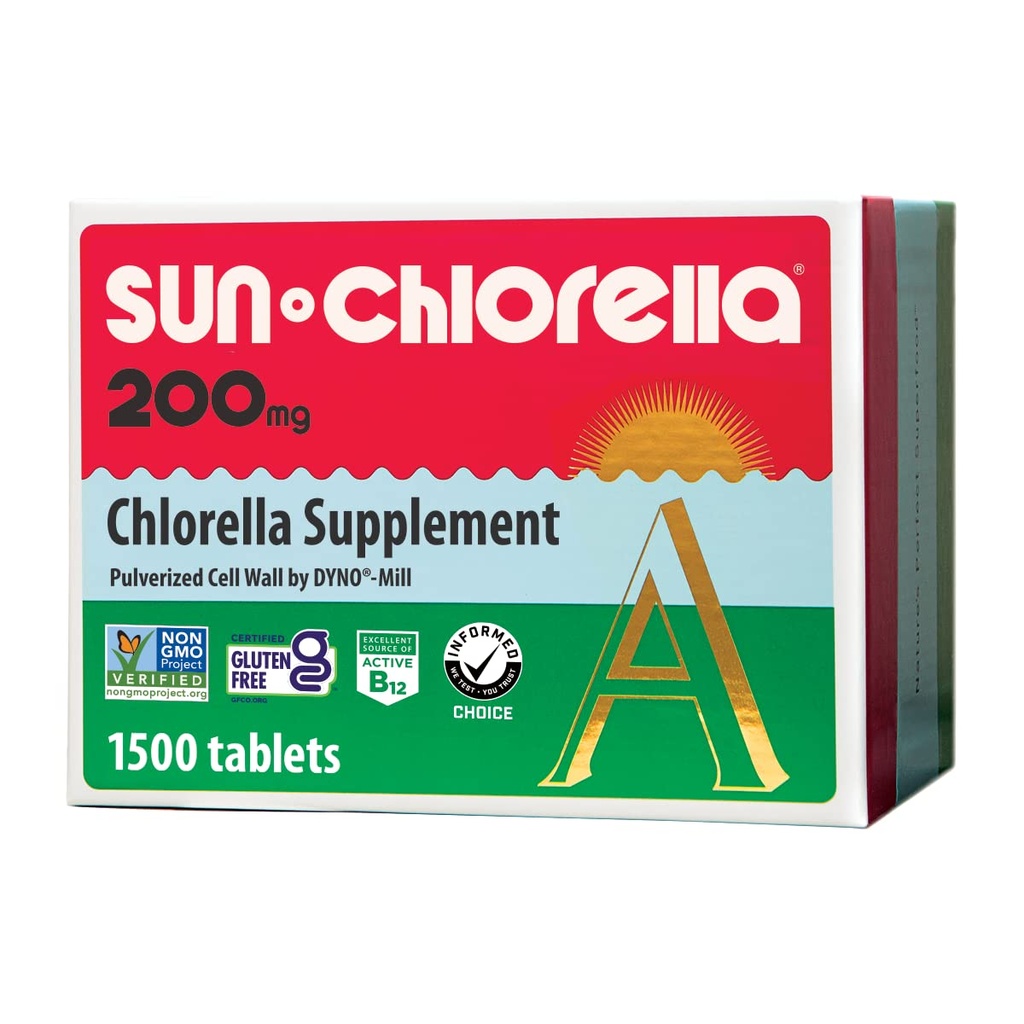 Sun Chlorella 200 mg Green Algae Superfood Supplement - Pulverisierte Zellwand - Chlorophyll, CGF, Active B12, Eisen, Protein - Non-GMO - 1500 Tabletten