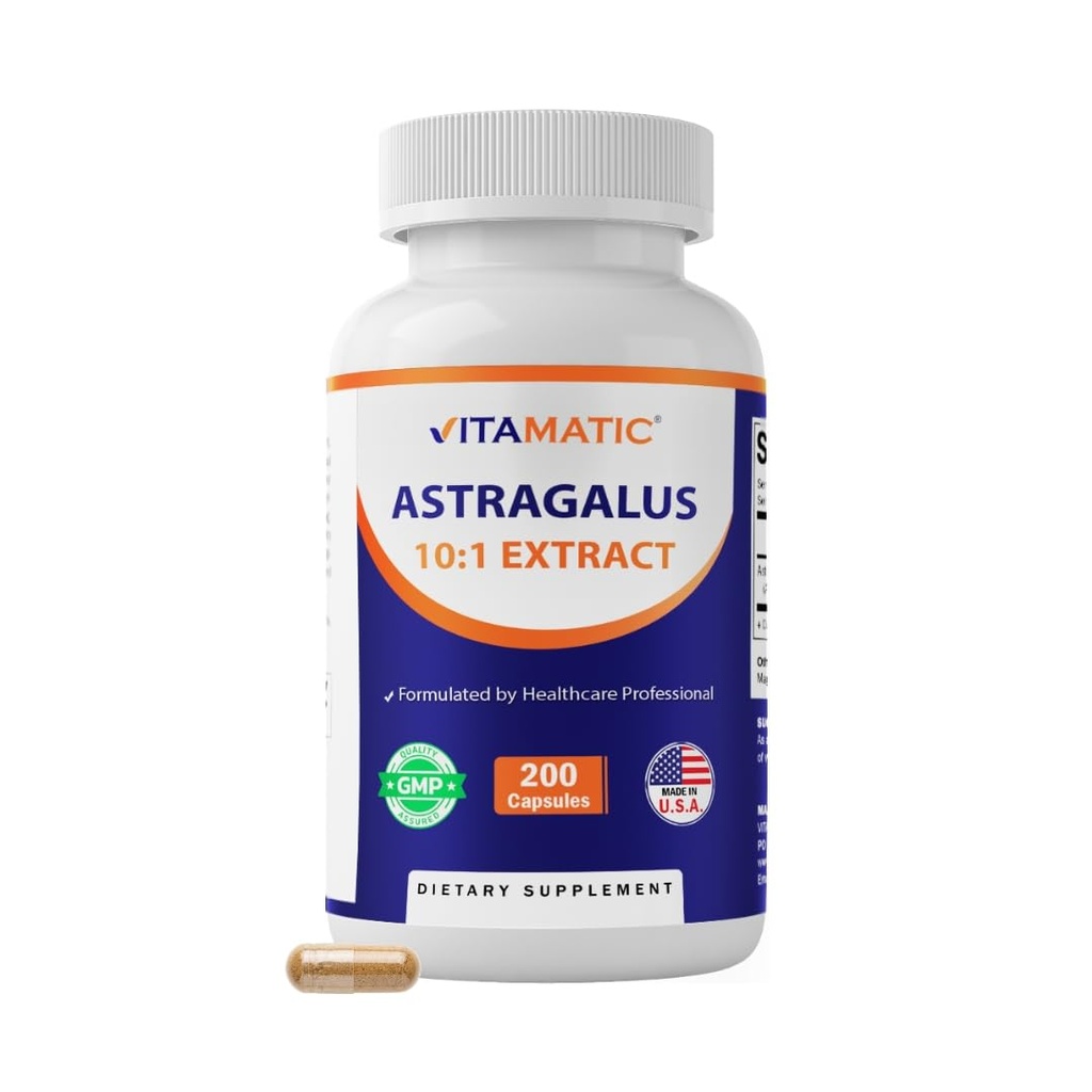 Vitamatic Astragalus Kapseln 200 Veg Kapseln - 10:1 Astragalus Extract 500mg - Non-GMO, Gluten-Free