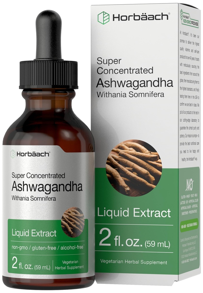 Horbäach Ashwagandha Flüssigkeitstropfen | 2 Fl Oz | Tinkturextrakt für Frauen und Männer | Alkoholfreie Ergänzung | Withania Somnifera Root | Vegetarisch, Non-GMO und Glute
