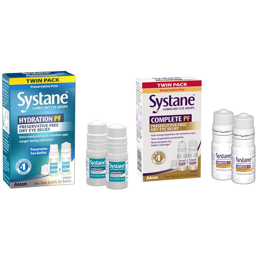 Systane Hydration Multi-Dose Konservierungsfreie Augentropfen Dry Eye Relief Twin Pack (2x10ml) & Complete PF Multi-Dose Konservierungsfreie trockene Augentropfen 20ml (Pack mit 2 – 10mL Flaschen) (Packaging Mai Vary)