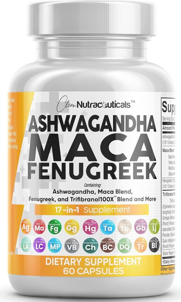 Clean Nutraceuticals Ashwagandha Maca Root Fenugreek Supplement mit Tongkat Ali Ginseng - Assists with Stress, Mood & Thyroid - Ashwagandha Capsules Fenugreek Caps - 1 Pack