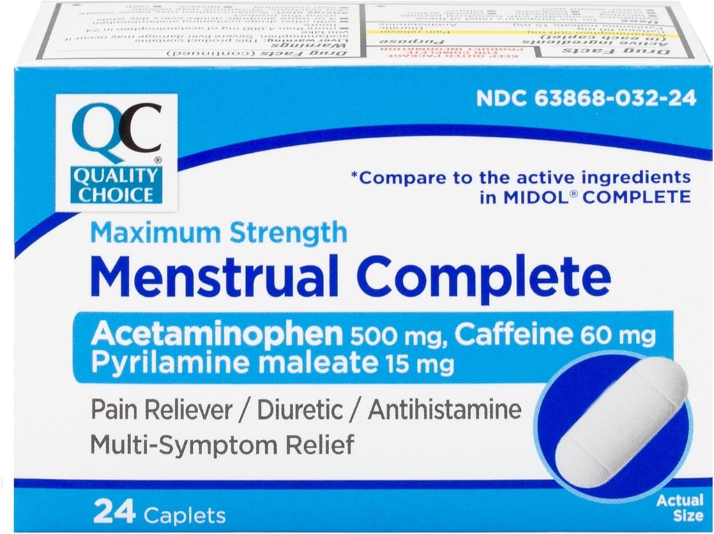 Qualität Wahl Menstrual Complete Max Strength Period Pain Relief, 500 mg Acetaminophen, 60mg Koffein, 15mg Pyrilamin Maleat, Cramps, Bloating, Kopfschmerzen. 24 Count.
