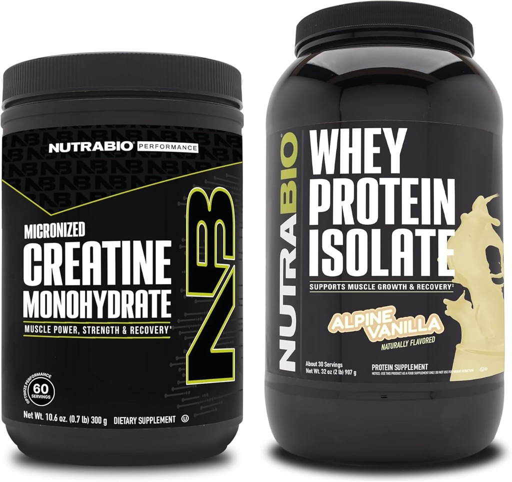 NutraBio Creatine Monohydrate, Unflavored, 300g und Whey Protein Isolate, Alpine Vanille, Supplement Bundle - Muskelenergie, Lean Muskelwachstum, Erholung und Stärke