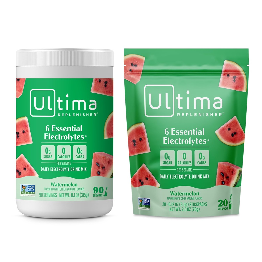 Ultima Replenisher Electrolyte Powder Drink Mix Bundle – Sugar Free – Watermelon, 90 Servierkanister und 20 Stickpacks – 6 Elektrolyte und Mineralien – Keto Friendly, Vegan, Non-GMO