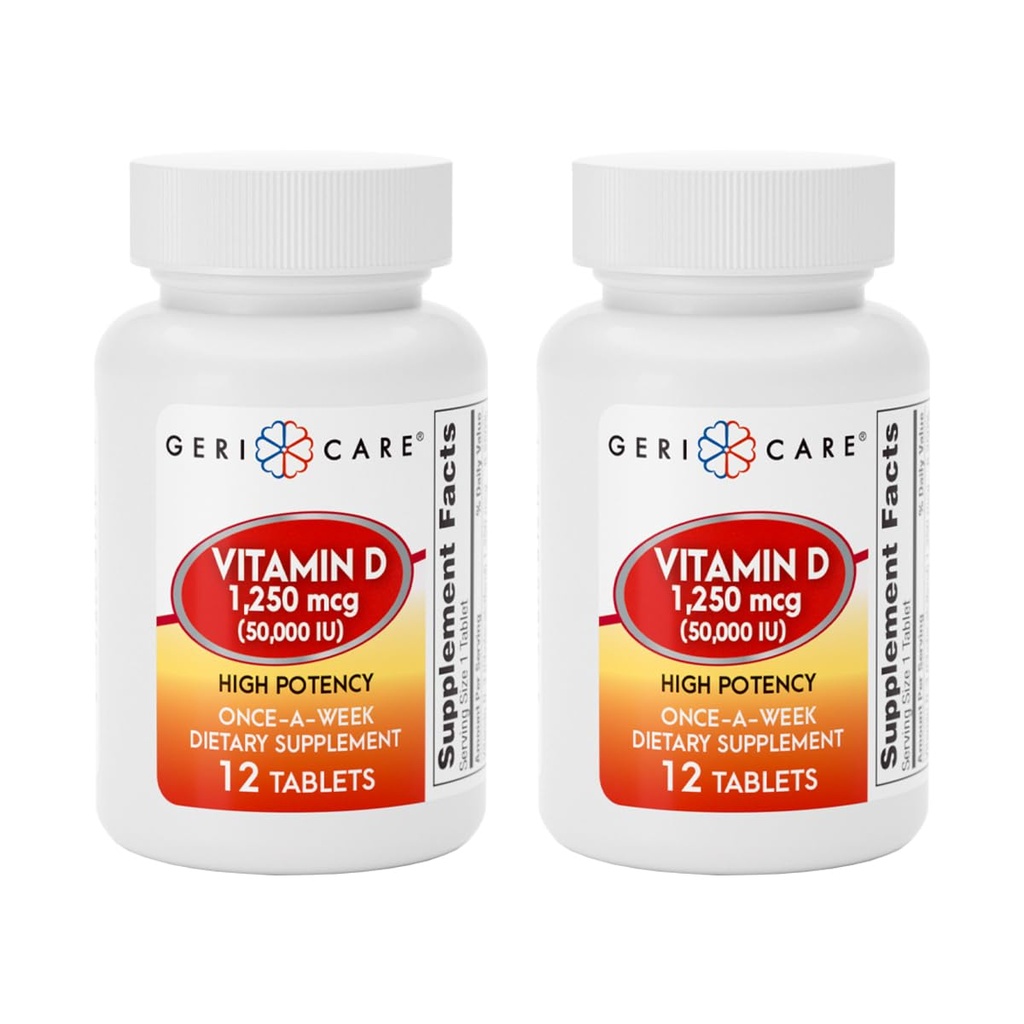 GeriCare Vitamin D 1.250mcg (50.000 IU) Hohe Potenz, unterstützt Knochendichte, Muskelgesundheit, Immunfunktion und Calciumabsorption, Einmal-A-Week-Diätsergänzung, 12 Zähler (Pack von 2)