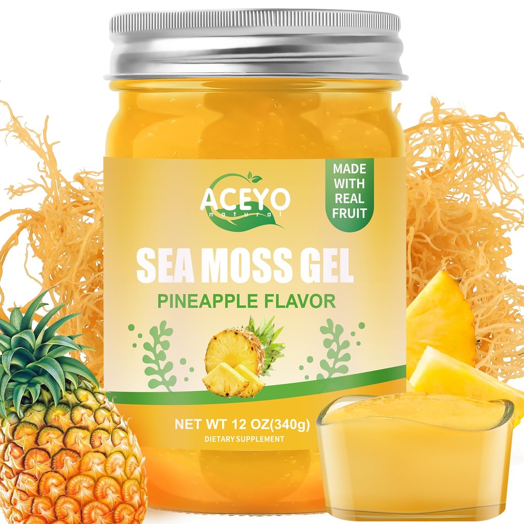 ACEYO (12 OZ Irish Sea Moss Gel Raw Vegan Ananas Flavor 102 Vitamine und Mineralien Wild Harvested Non-GMO Immune Defense Booster Schilddrüse Verdauungsunterstützung
