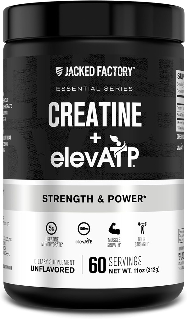 Jacked Factory Creatine + ElevATP - Kreatin-Monohydrat-Pulver für Muskelwachstum, Erhöhte Stärke, Enhanced Energy Output, mit ElevATP für nachhaltige Energie & Endurance - 60 Portionen, Unvorteilt