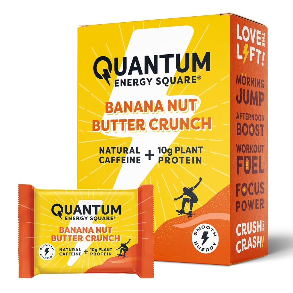 Quantum Energy Square: Barre d'énergie avec caféine et 10g de protéines. Delicious Healthy Snack On The Go. (Vegan, sans gluten, sans soja, sans lait) - Beurre à noix de banane Crunch 8Pk