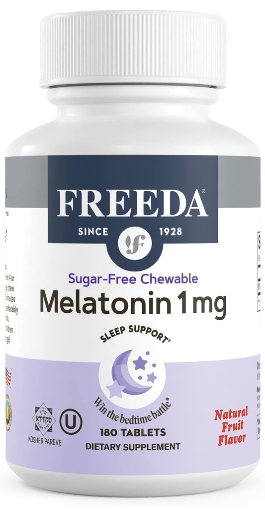 FREEDA Melatonin 1 mg Comprimés à croquer sans sucre – Aide naturelle au sommeil pour les adultes et les enfants de 3 ans et plus – Non-Habit formant, végétalien, sans gluten, casher – Fabriqué aux États-Unis (180 comte)