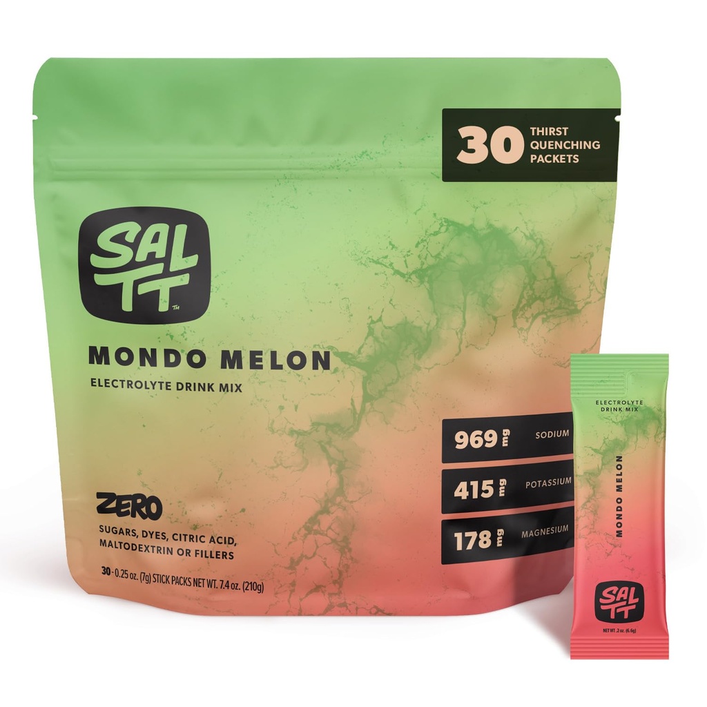 SALTT Electrolytes en poudre Mélange de boissons aromatisées - Mondo Melon - 30 paquets d'hydratation - Magnésium, potassium, sodium, minéraux traces - Zéro sucre et sans gluten - Essentiels de voyage