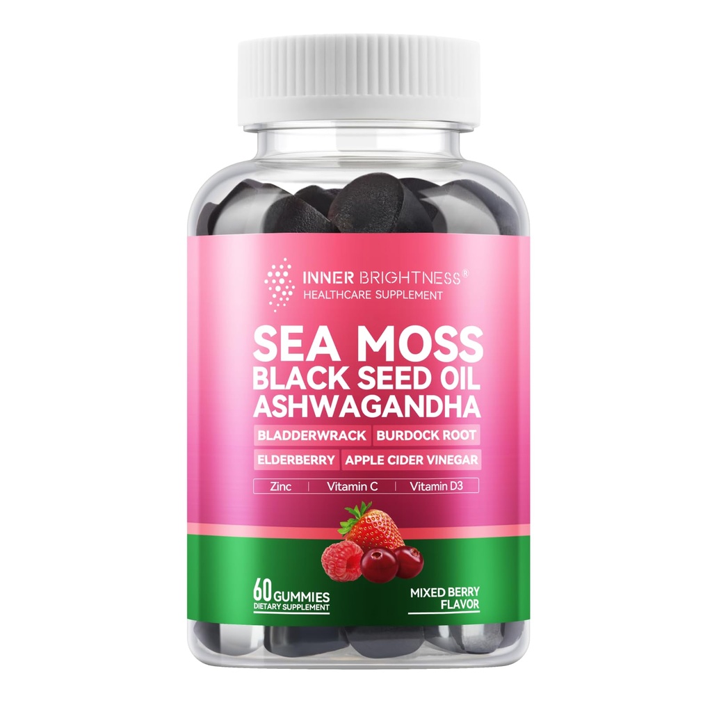 Sea Moss 4000mg Gummi mit Ashwagandha, Elderberry, Apfelessig, Bladderwrack, Burdock Root – Immununterstützung – Mixed Berry Flavor – 60 Count