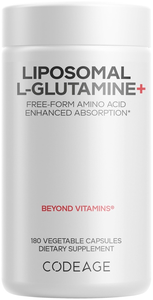 Codeage Liposomal L-Glutamine Capsule Supplément - 1 000 mg L-Glutamine par portion - Approvisionnement en 3 mois - Livraison liposomale, Pilules véganes, Non-OGM, Acid Amino sans gluten - 180 Capsules