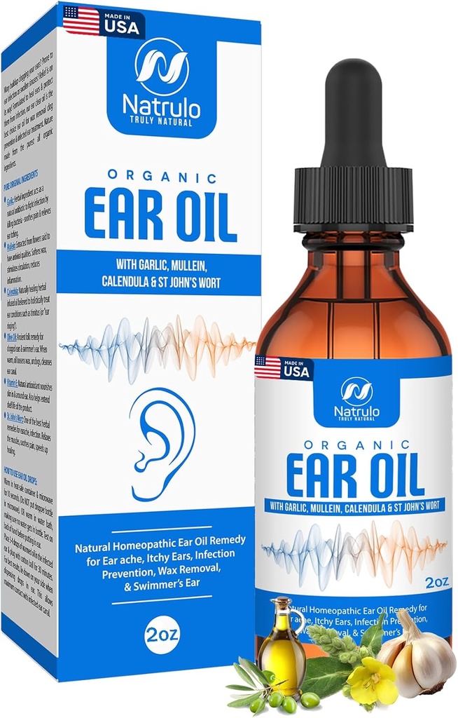 Huile d'oreille biologique pour l'infection des oreilles - Earrops naturels pour la prévention des maux d'oreille, l'enlèvement des oreilles et des cires de Swimmer - Remède pour les enfants, les adultes, les bébés et les chiens - avec Mullein, Ail, Calendula Fabriqué aux États-Unis (2 Oz)