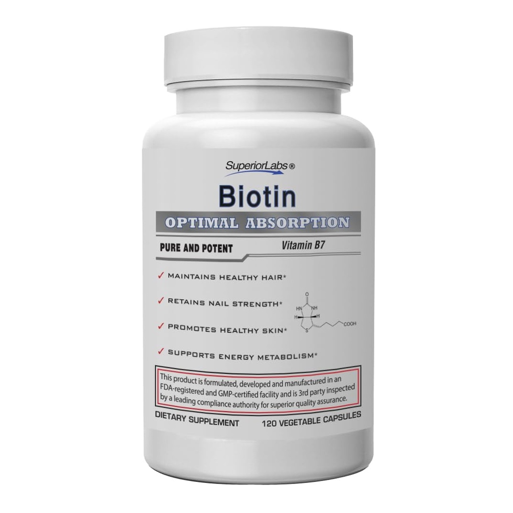 Superior Labs – Beste natürliche Biotin NonGMO-Ergänzung – für üppige längere Haare und Lashes – Stärkere Nägel – Gesunde Haut – Energie-Booster – Gesundes Gewicht - 5000 mcg, 120 Gemüsekappen