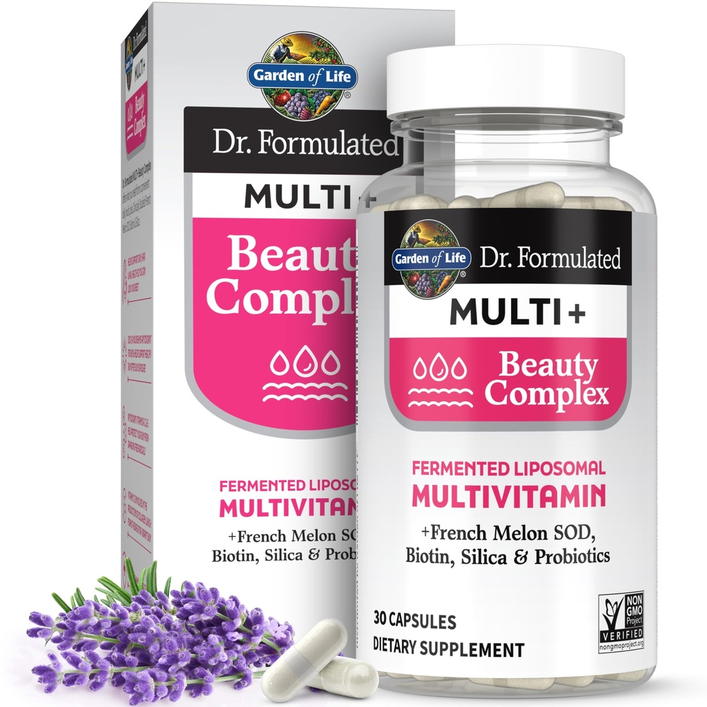 Garden of Life Dr Formulated Multi+ Beauty Complex Fermented Liposomal Multivitamin Plus Hair Skin and Nails Vitamins, French Melon SOD, Biotin & Probiotics, 30 Capsules, Supplement for Women & Men