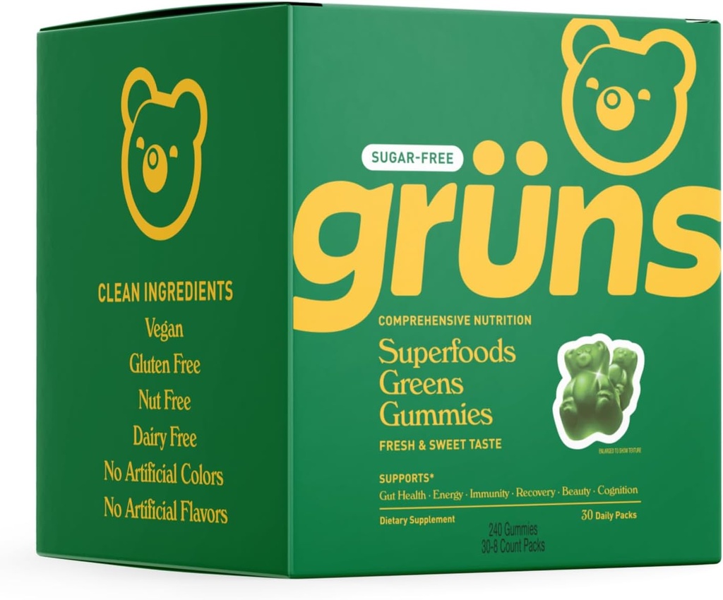 Grüns Sugar Free Super Greens Gummy Bears - Bio Spirulina und Chlorella, Präbiotika für Verdauungsgesundheit, 20+ Vitamine und Mineralien, Adaptogene - 30 Beutel - 240 Gummie