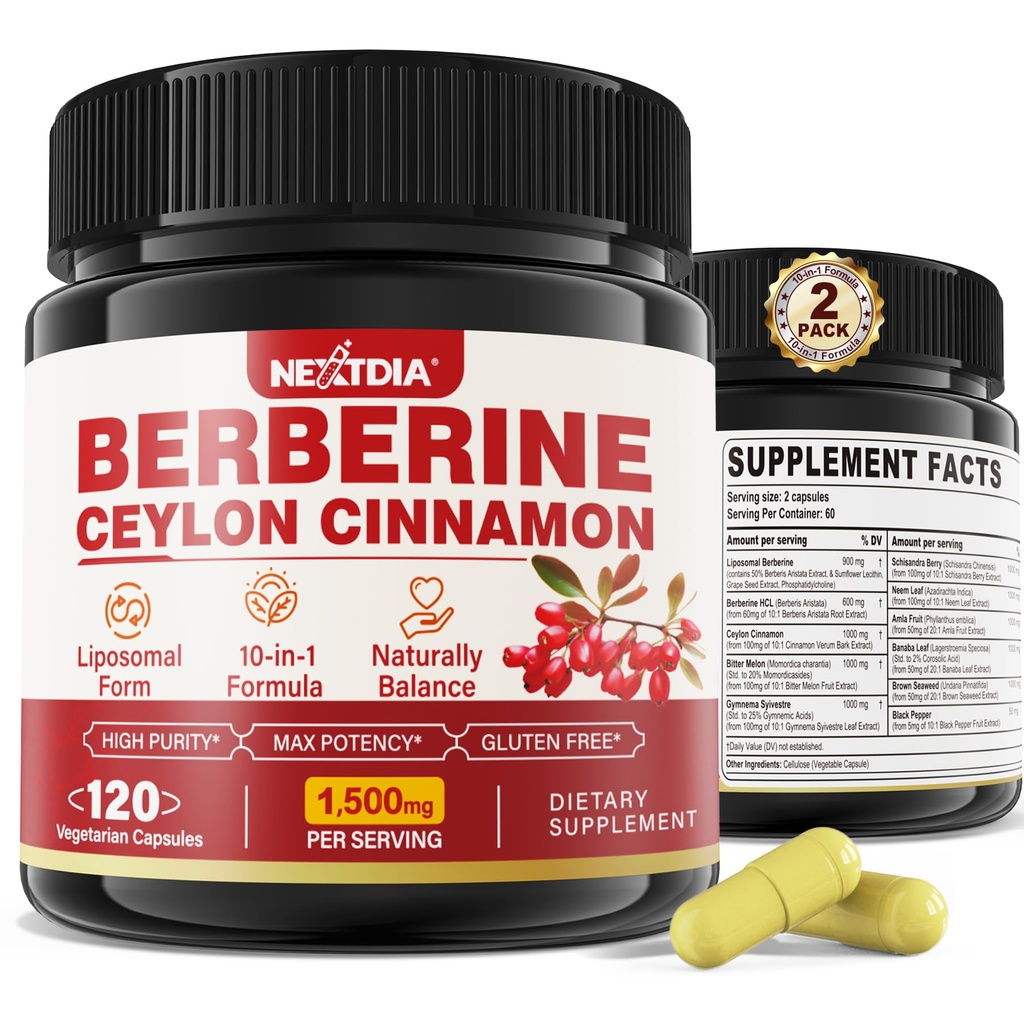 2 Pack 1500mg Liposomale Berberine HCL avec Melon Ceylan Cinnamon Bitter, Suppléments Biologique Berberine Complexe avec Feuille de Banane, Supports Immune & Digestion - Vegan 240 Capsules