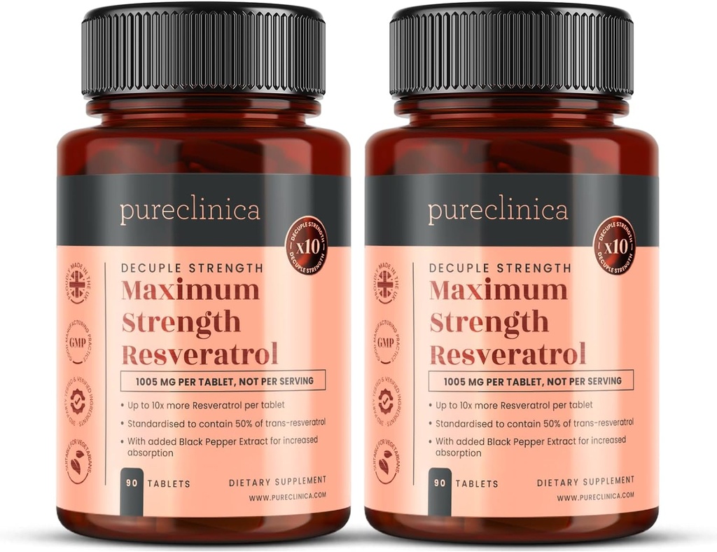 purclinica 1000mg Resveratrol x 180 comprimés (2 bouteilles de 90 comprimés chacun - 6 mois d'approvisionnement). 10 x Force et avec extrait de poivre noir pour une absorption plus rapide