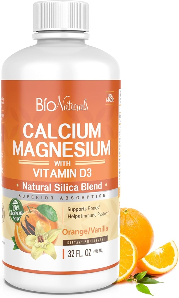Bio Naturals Supplément liquide de calcium et de magnésium avec vitamine D3 - Formule naturelle, QUATRE types de calcium soutient des os forts avec absorption supérieure aux pilules - 100% végétarien - 32 fl oz