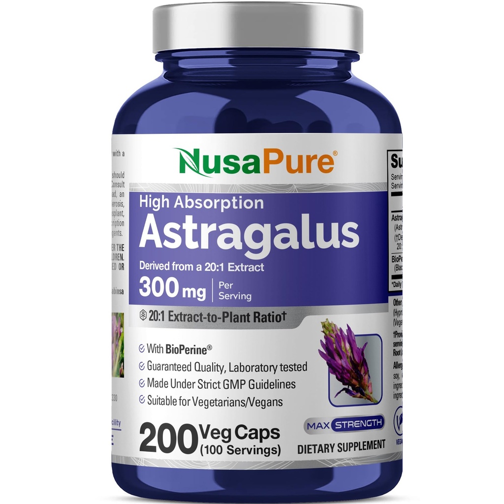 NusaPure Astragalus 20:1 Extrakt, 300 mgÄquivalent zu 6.000mg pro Servierung, 200 Veggie Kapseln, Non-GMO & Bioperine