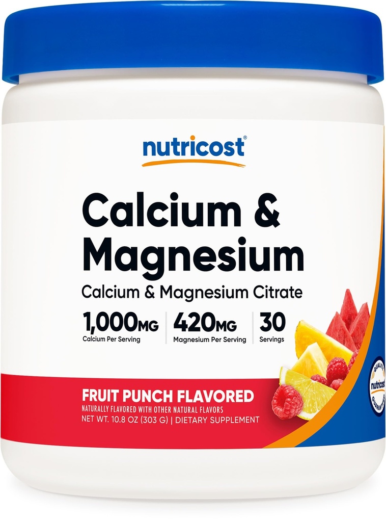 Poudre de magnésium de calcium Nutricost (Fruit Punch, 30 portions) - Soutien osseux, non OGM, sans gluten (à partir de citrate de calcium et de magnésium)