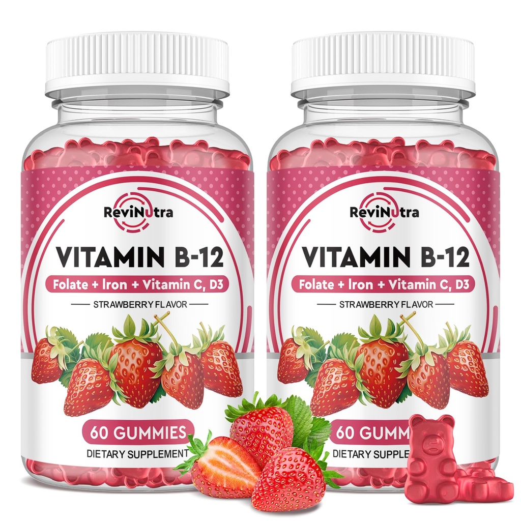 Vitamin B12 Complex Gummies - 5000 mcg Methylcobalamin mit Eisen, Vitamin C, D3 & Folate, Energieunterstützung & Stoffwechsel, Immune, B-12 Kaubare Ergänzung für Männer & Frauen, Erdbeeren Geschmack, 2 Packung