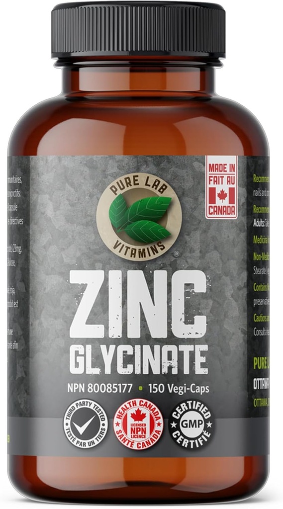 Zink Glycinat 23 mg Supplement - 150 Vegan Caps von Pure Lab Vitamins - Aminosäuresalz für gesunde Haut und Nägel - Unterstützt das Immunsystem, Prostata, Vision - Made in Canada