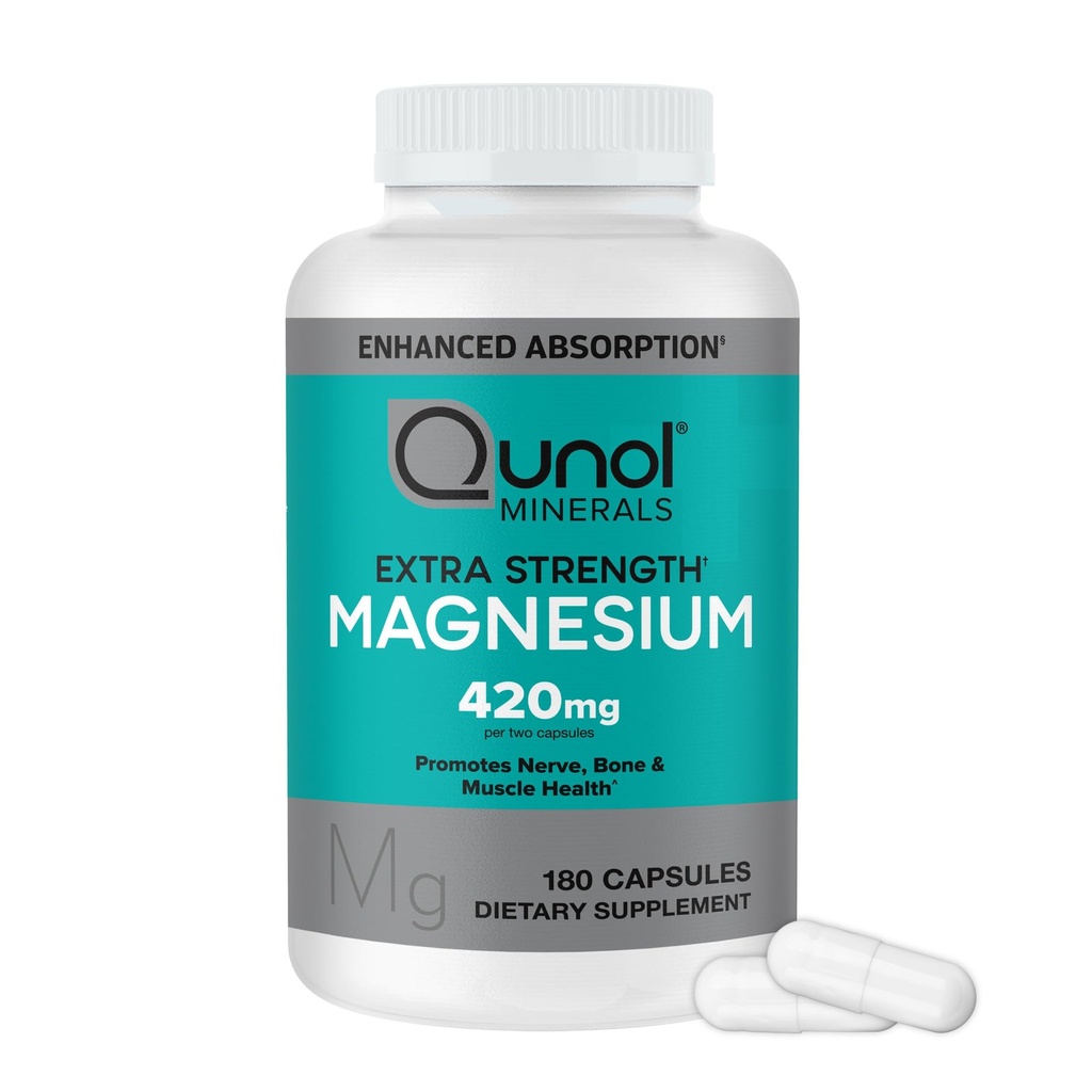 Qunol Magnesium Kapseln 420mg, 100% DV, hohe Absorption Magnesium Ergänzung, Extrastärke, Knochen und Muskel-Gesundheitsergänzung, 180 Zähler
