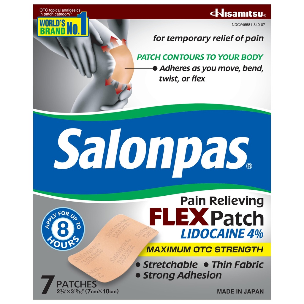 Salonpas Maximum OTC Stärke Lidocaine 4% Schmerz Relieving FLEX Patch, Bewerben Sie sich für bis zu 8 Stunden, Unscented, Dünn, Flexibel, Leicht, Patch Aufenthalte in Platz, 7 Patches