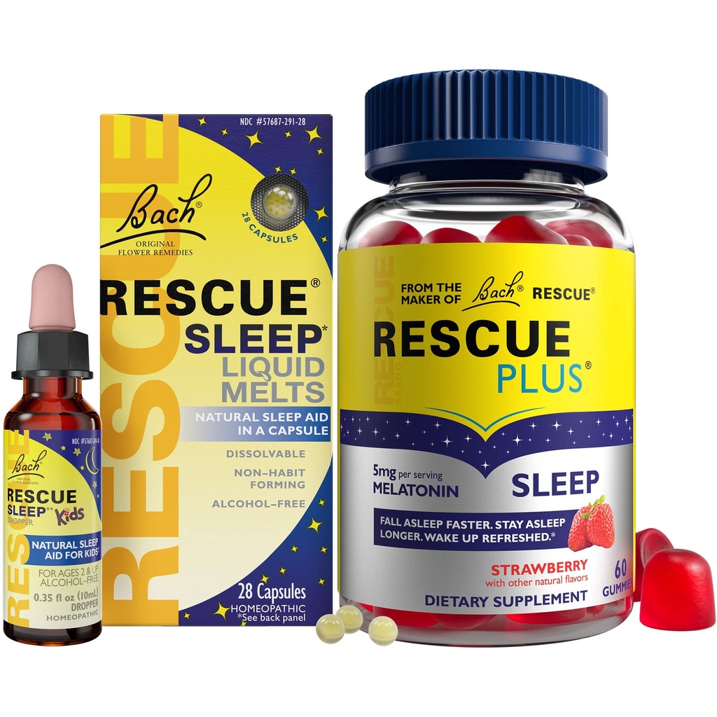 RESCUE Nighttime Sleep Aid Bundle, 3Pk - Bach Sleep Kids Dropper, 10mL Sleep Liquid Melts, 28Ct Plus Sleep Gummies mit 5mg Melatonin/Dosis, 60Ct