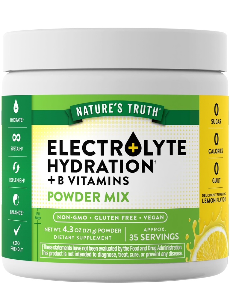 La vérité de la nature Électrolytes Poudre de : Non Sucre avec B Vitamines Rafraîchissant Lemon Flavor : Vegan, Supplément sans OGM et sans gluten pour l'hydratation