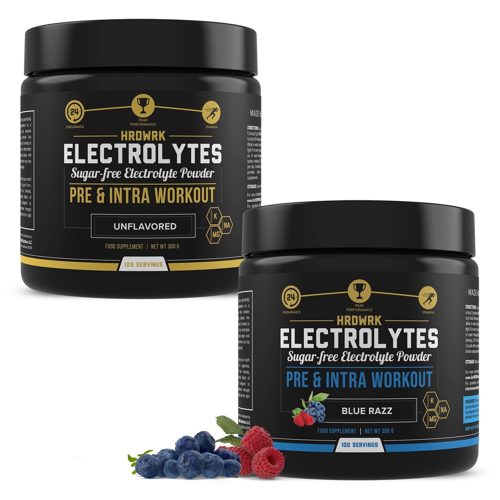 MMA Nutrition HRDWRK 100 Servierungen Keto Elektrolyte Pulver Hydration Sugar Free - Elektrolyt-Pulver zur Steigerung der Endurance & Reduce Fatigue mit Elektrolyt-Ergänzung - Unflavored & Blue Raspberry Set