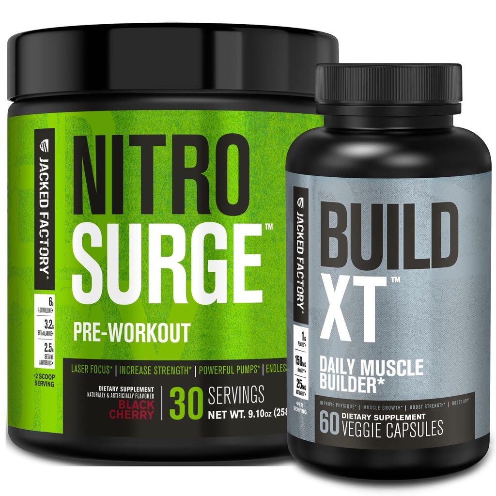 Jacked Factory Nitrosurge PreWorkout in Black Cherry & Build XT Muskelaufbau Bundle für Männer & Frauen
