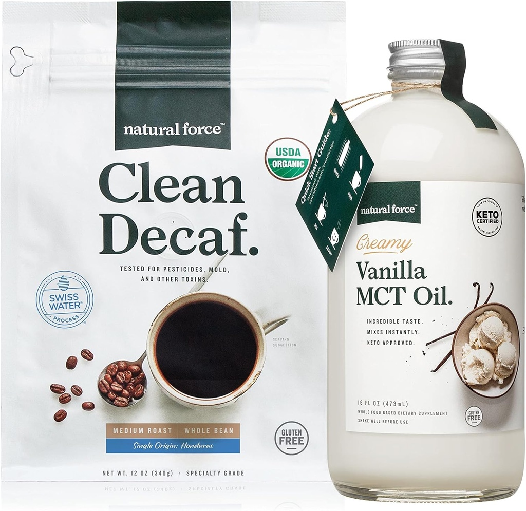 Natural Force Organic Clean Decaf Coffee + Creamy Vanilla MCT Oil Bundle – Flavored MCT Creamer & Mold & Mycotoxin Free Coffee – Non-GMO, Keto, Paleo und Vegan - 12 Oz Bag und 16 Oz Glasflasche