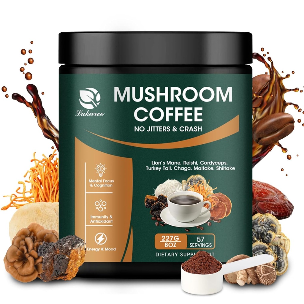Lukaree Pilz Kaffee 14 in 1 Instant Pilz Kaffee Arabica Kaffee Pilz Pulver mit Lion's Mane, Reishi, Chaga, Cordyceps, Shiitake, Maitake, Türkei Schwanz für Fokus Energie Immunität 8 oz (227g)