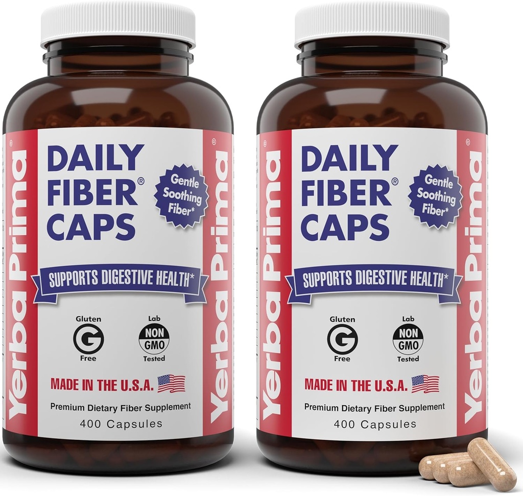 Yerba Prima Daily Fiber Caps Formula 400 Capsules (Pack von 2) - beide lösliche/unlösliche Faser mit Psyllium Seed Husks, Acacia Gum, Apple Fiber Supplement