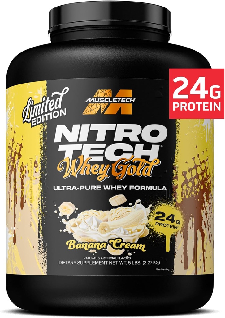 MuscleTech Whey Protein Powder (Banana Cream, 5LB) - Nitro-Tech Whey Protein Isolate Smoothie Mix for Lean Muscle & Fast Recovery - 24g of Whey Gold Protein for Women & Men - Gluten-Free