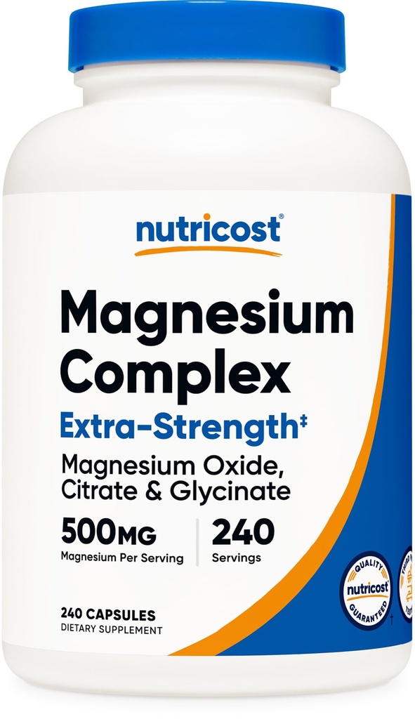 Nutricost Magnésium Complex Extra Strength 500mg, 240 Capsules - Oxyde de magnésium, Citrate et Glycinate - Sans gluten et sans OGM