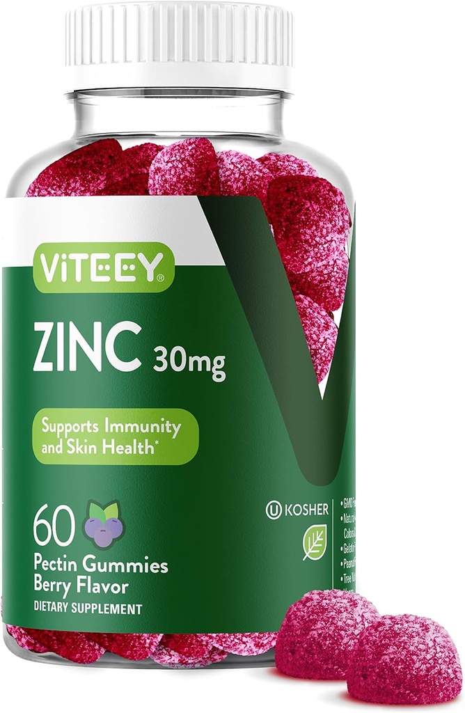 Viteey Zinc Gummies pour les femmes et les hommes - Supplément de soutien immunitaire - 30mg - Vegan, sans gélatine, non OGM - 60 Compte