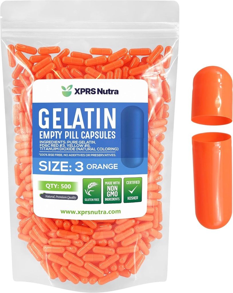 XPRS Nutra Size 3 Empty Capsules - 500 Count Empty Gelatin Capsules - Pills DIY Capsule Filling - Pure Bovine Pill Gel Caps for Do-It-Yourself Supplements (Orange)