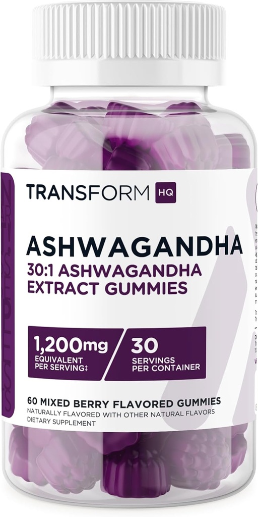 TransformHQ Ashwagandha Gummies 1.200mg, 60 Gummi (Mixed Berry Flavor) - Ashwagandha Kräuterextrakt Ergänzung - 30 Servierungen, Glutenfrei, Non-GMO