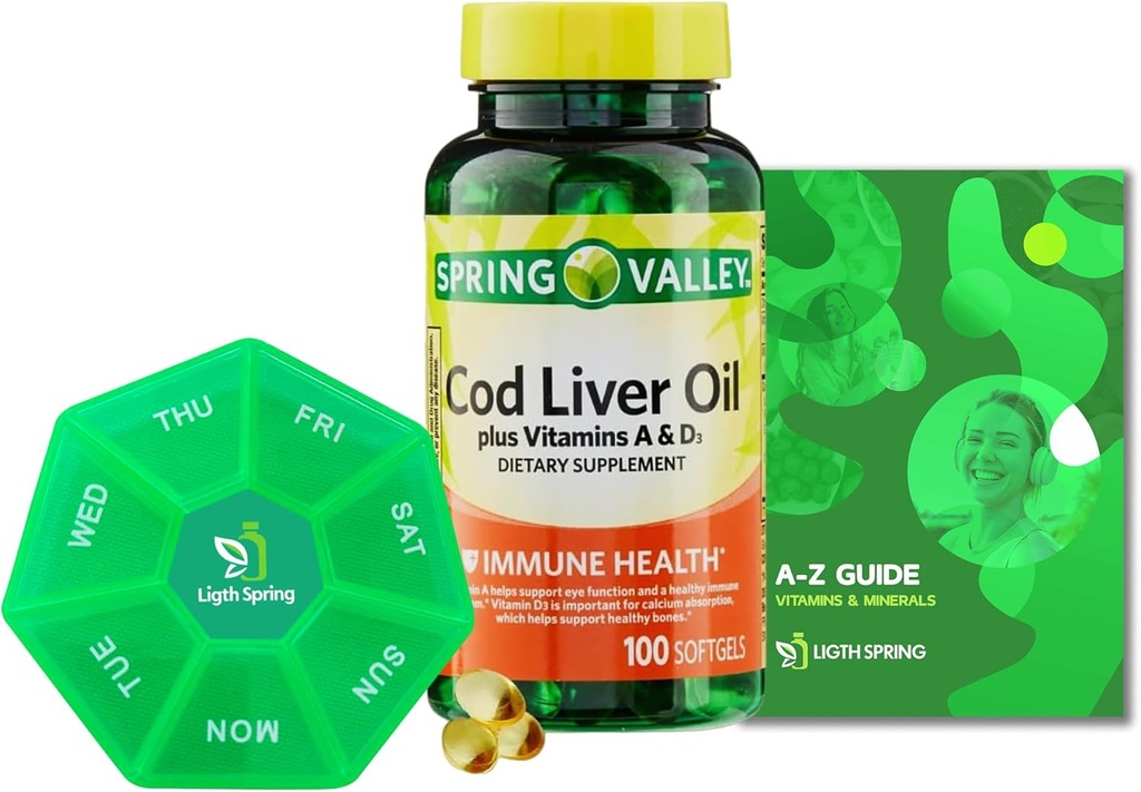 Huile de foie de morue de Spring Valley Plus Vitamines A & D3, 100 softgels, soutien de la fonction oculaire et un ensemble sain avec vitamines et minéraux Ligth & Guide de printemps