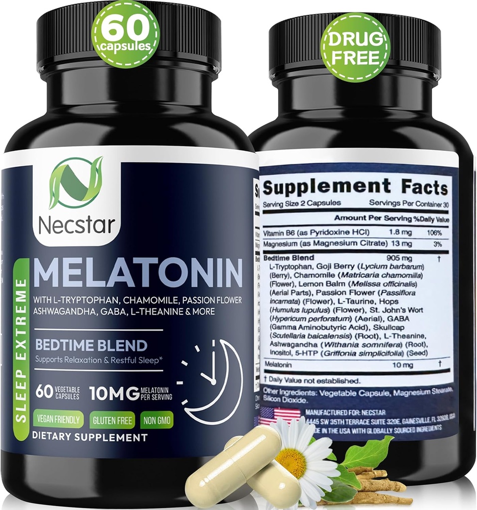 Necstar Melatonin 10mg, Schlafhilfe für Erwachsene, Extrastärke mit Ashwagandha, Magnesium, L-Theanin, GABA, Zitronenbalsam und Kamille Schlafunterstützungsergänzung, Vegan, Non-GMO, Gluten-Free, 60 Kapseln