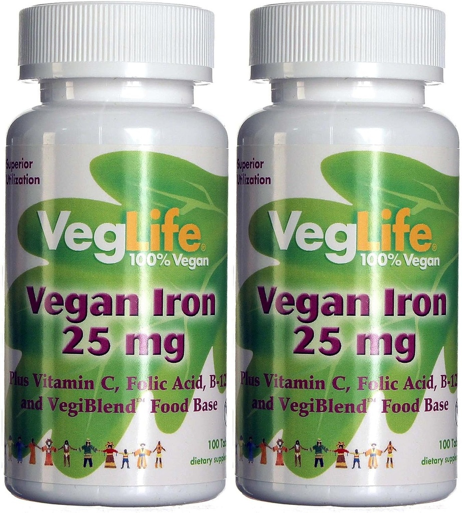 VegLife Vegan Eisen 25 mg | Plus Vitamin C, Folsäure, B-12 und VegiBlend Nahrungsbasis | Pflanzenbasierte Eisenergänzung für Frauen und Männer | 100 Tabletten | Paket von 2
