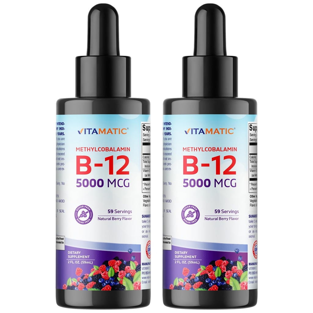 Vitamatic 2 Packs Fast Acting Liquid Vitamin B12 5000 mcg (Methylcobalamin) - Natural Berry Flavor - Sublingual Supplement - Schnellere Absorption - 2 OZ
